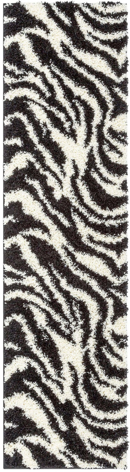 Safari Zebra Black Contemporary Shag Rug - Well Woven - Straight-on view of the full-length runner rug displaying its repeating black and white zebra pattern.