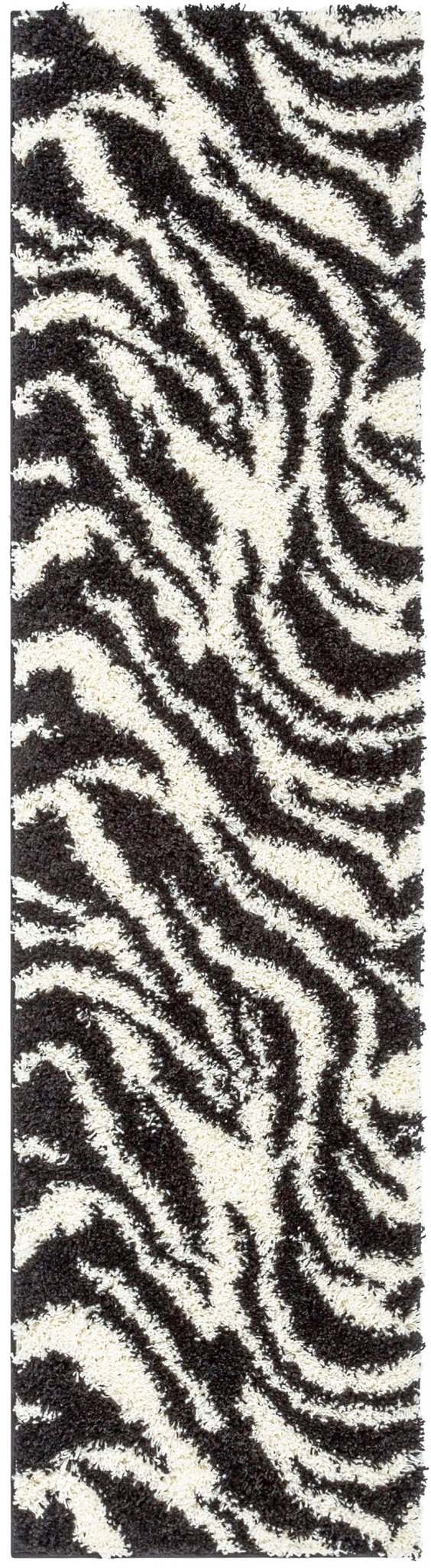 Safari Zebra Black Contemporary Shag Rug - Well Woven - Straight-on view of the full-length runner rug displaying its repeating black and white zebra pattern.