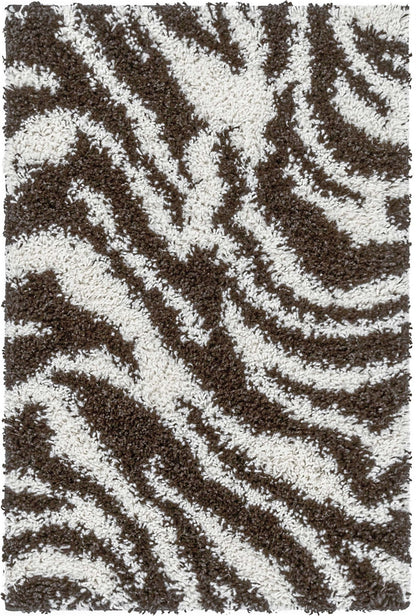 Safari Zebra Brown Contemporary Shag Rug - Well Woven - Top-down view of the zebra rug, emphasizing the dynamic, high-contrast pattern.