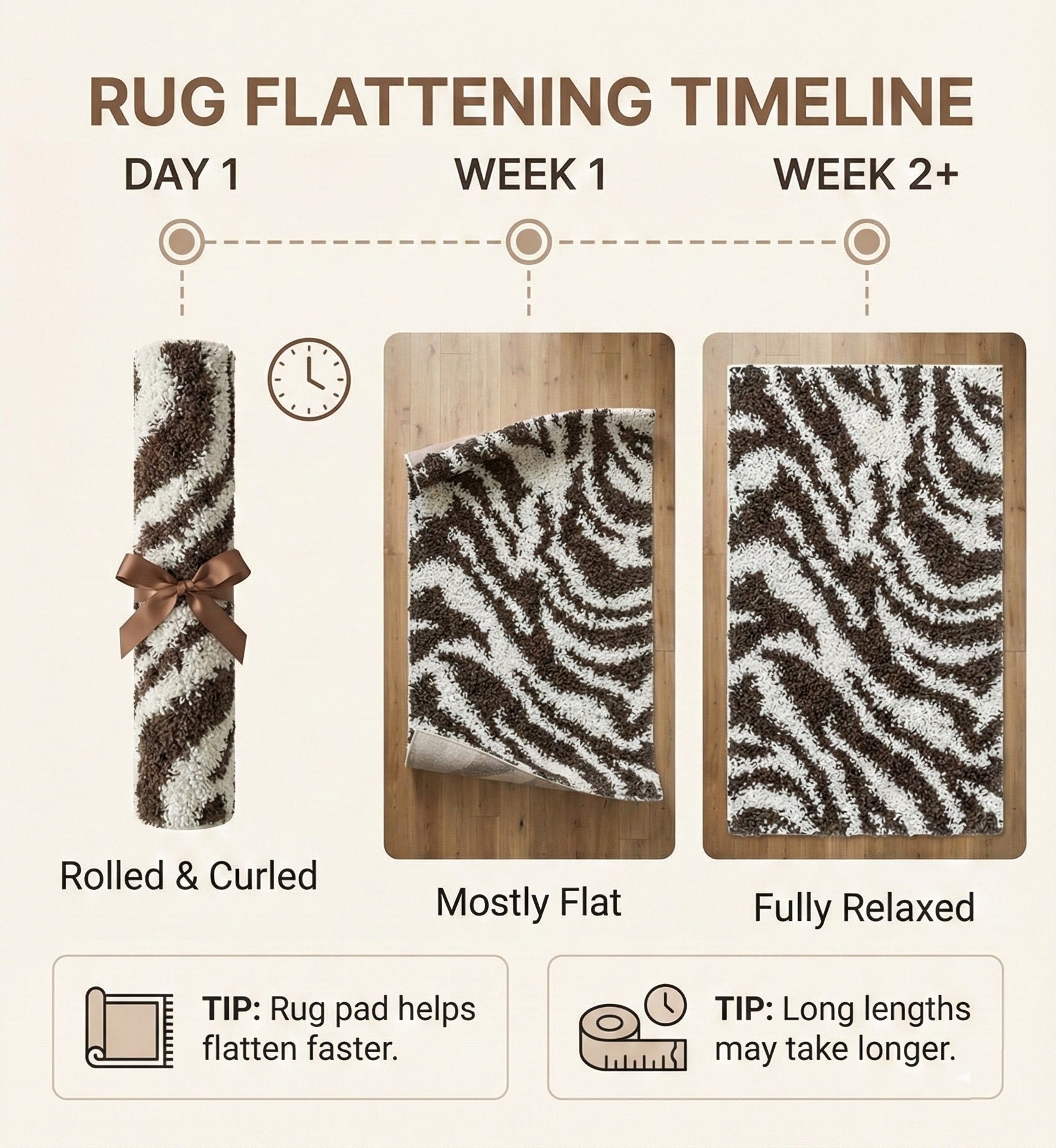 7038 - Diagram showing the rug flattening timeline with stages from rolled & curled to mostly flat and fully relaxed over 2 weeks.