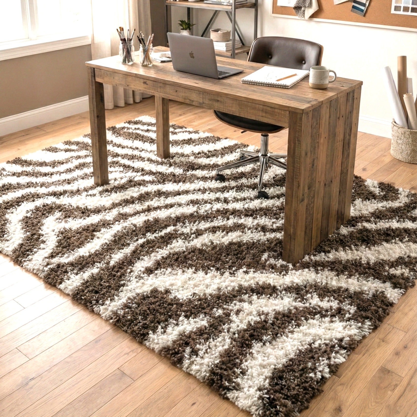 7038 - Wooden desk with laptop and chair in a room with a 5x7 zebra print rug.