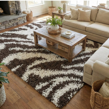 7038 - Living room with a zebra print shag rug, wooden coffee table, and beige sofa.
