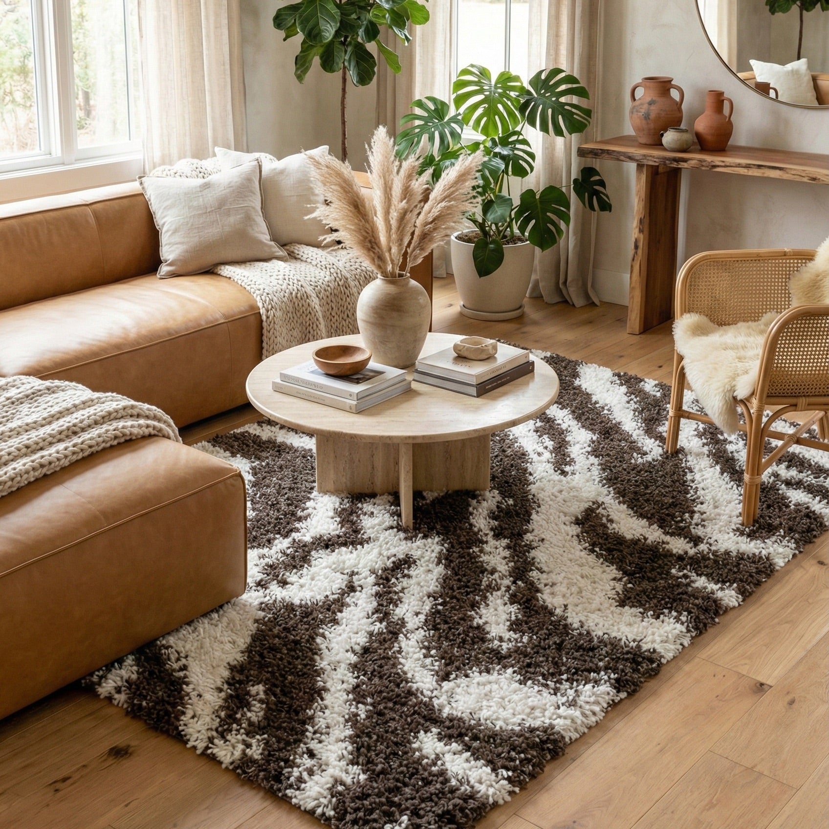 7038 - Living room with brown leather sofa, round wooden coffee table, and patterned rug with zebra stripes in brown and off white.