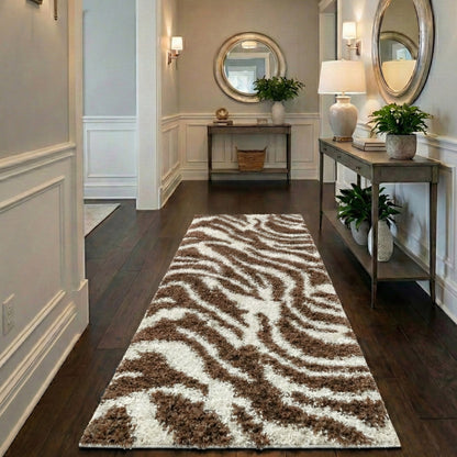 7038 - Zebra print runner rug on a wooden floor in a home interior hallway setting with decor elements.