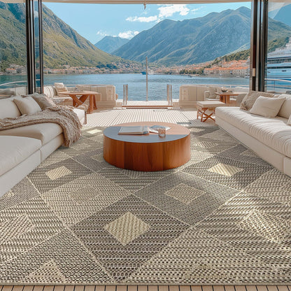 Heritage Diamond Pattern Indoor Outdoor Natural Brown Textured Rug AL-272 - Well Woven - In a coastal setting