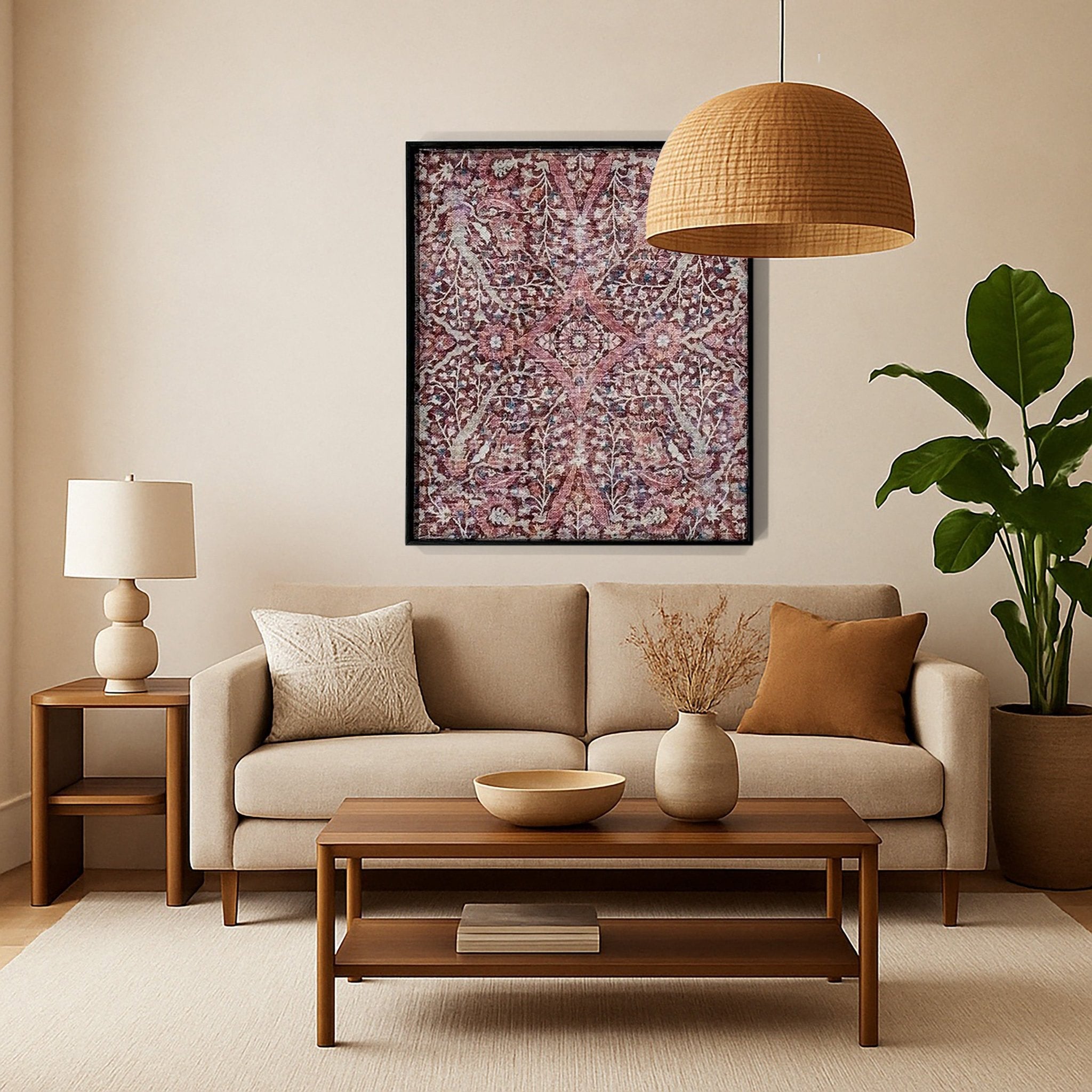 WellArt Isolde sustainable framed textile wall art displayed in a cozy living room above a sofa.