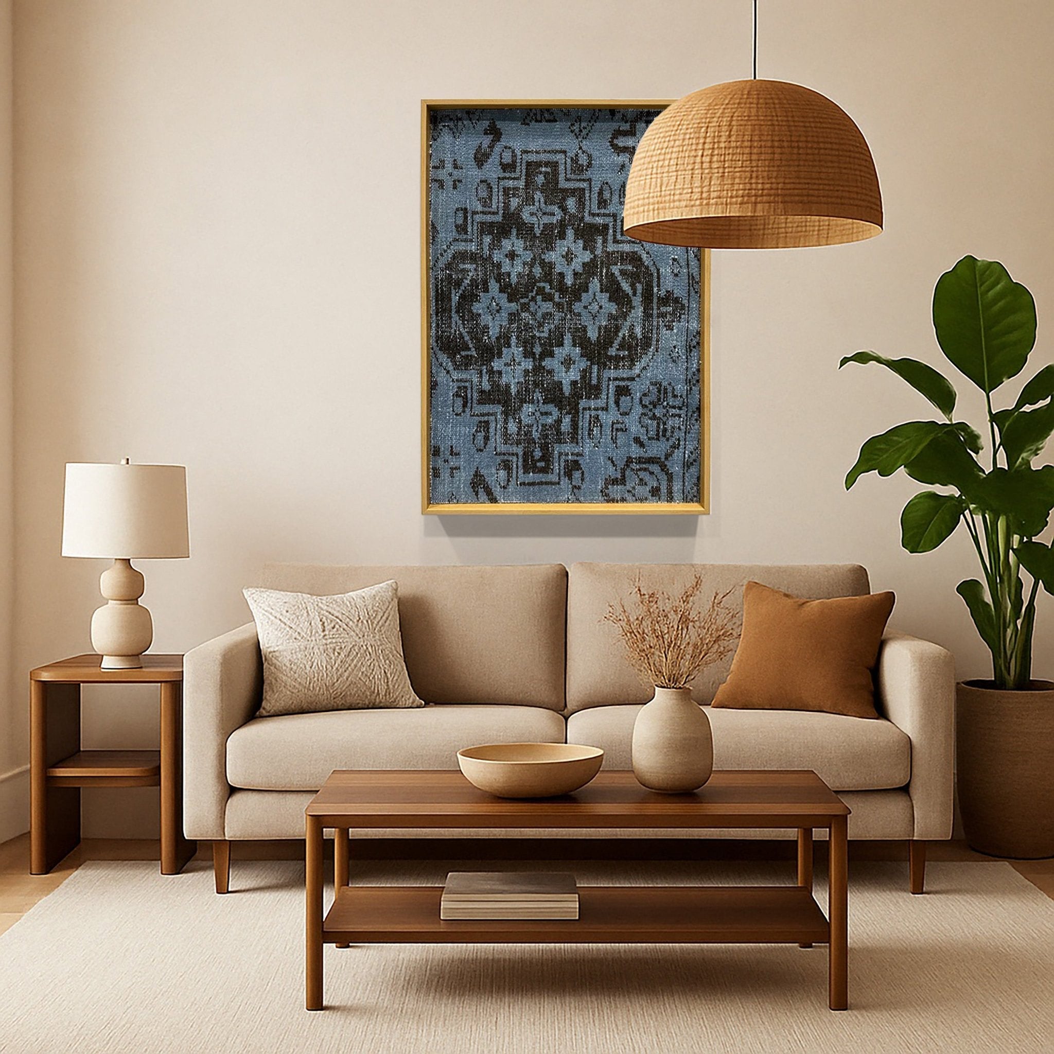WellArt Bansi sustainable framed textile wall art displayed in a cozy living room above a sofa.