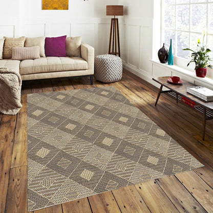 Heritage Diamond Pattern Indoor Outdoor Natural Brown Textured Rug AL-272 - Well Woven - In a living room