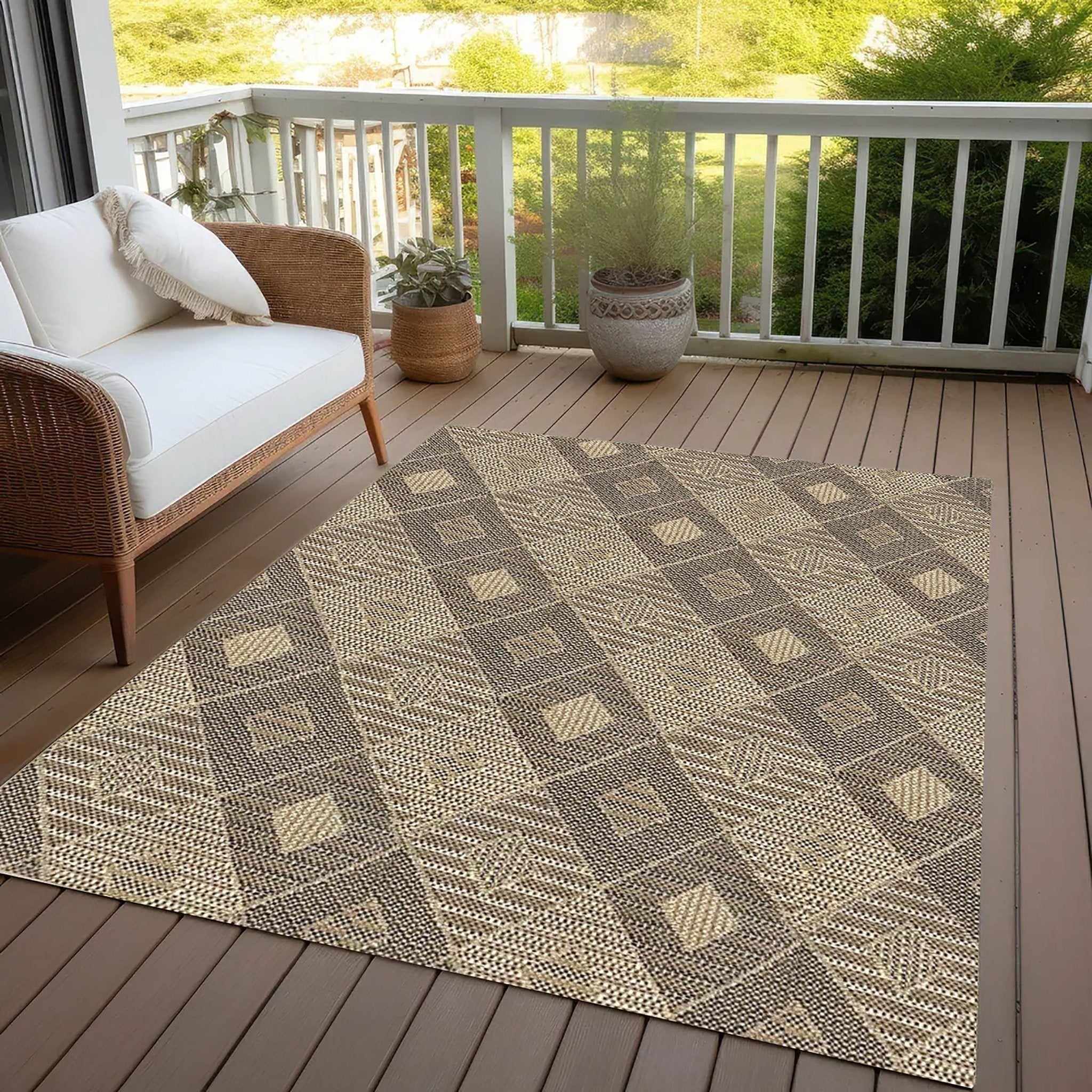Heritage Diamond Pattern Indoor Outdoor Natural Brown Textured Rug AL-272 - Well Woven - On a wooden deck