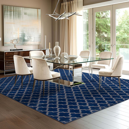 Nantucket Trellis Custom-Made Rug, Made to Order, High-Quality, Elegant Blue Design Area Rug - Well Woven - Blue and white rug in a dining room