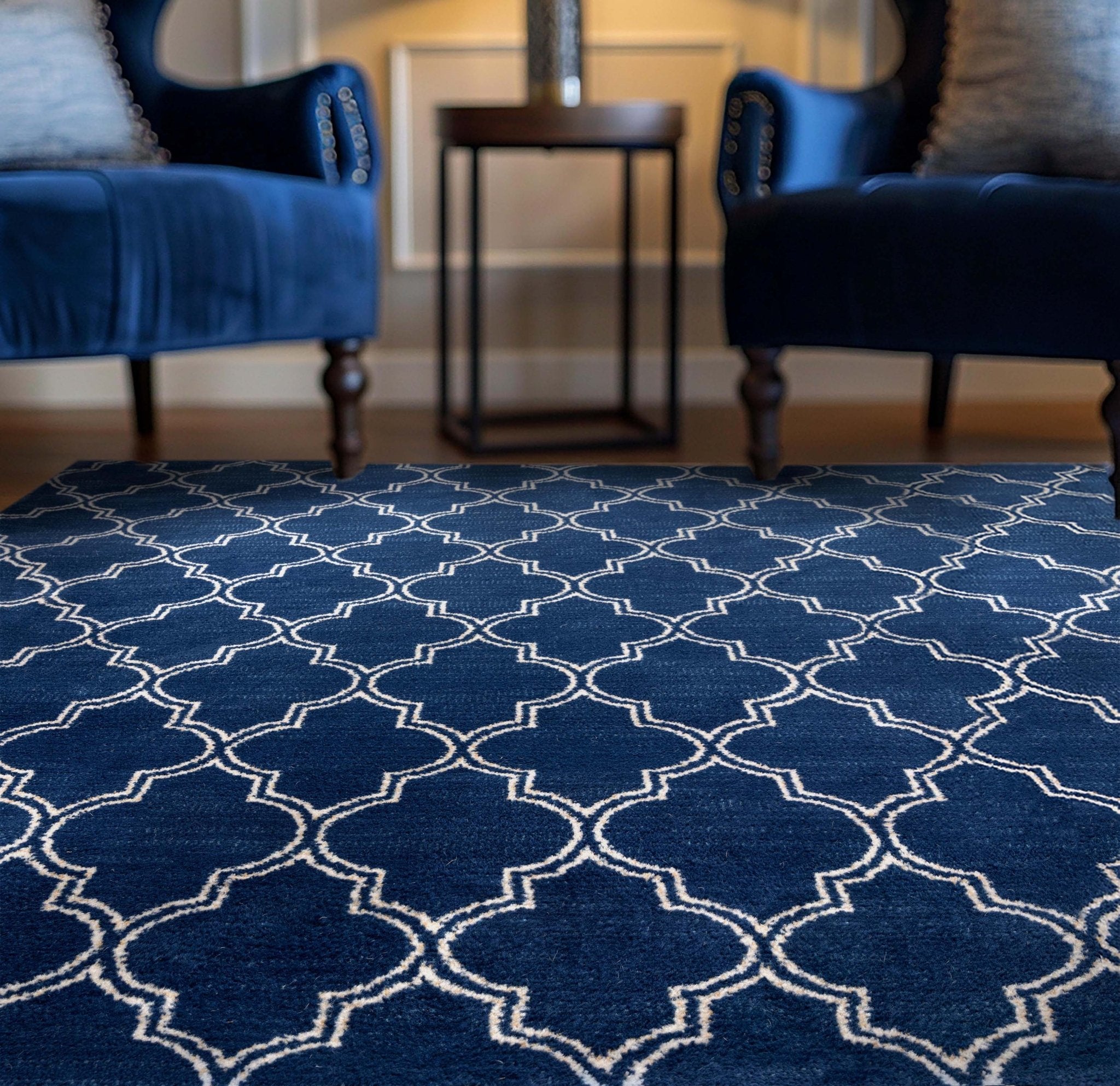 Nantucket Trellis Custom-Made Rug, Made to Order, High-Quality, Elegant Blue Design Area Rug - Well Woven - Blue and white rug in a living room