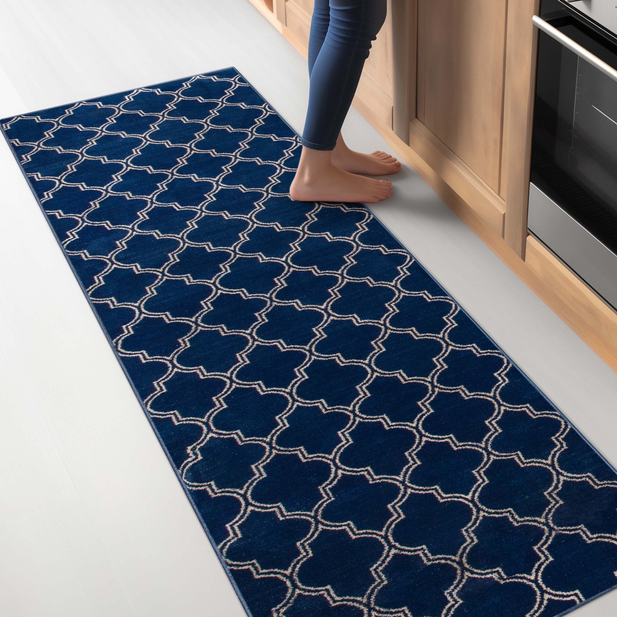 Nantucket Trellis Custom-Made Rug, Made to Order, High-Quality, Elegant Blue Design Area Rug - Well Woven - Blue and white rug in a kitchen