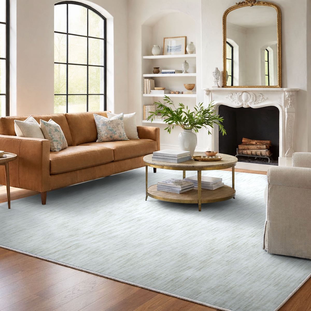 COD-12 Well Woven Moor Washable Rug - Traditional living room with brown leather sofa, round wooden coffee table, built in shelves, and a large antique brass mirror above the ornate fireplace. A heathered ivory washable rug anchors the room.