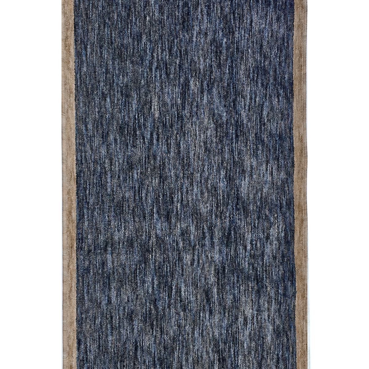 COD-13 - Washable blue and charcoal runner rug with a brown border on a white background