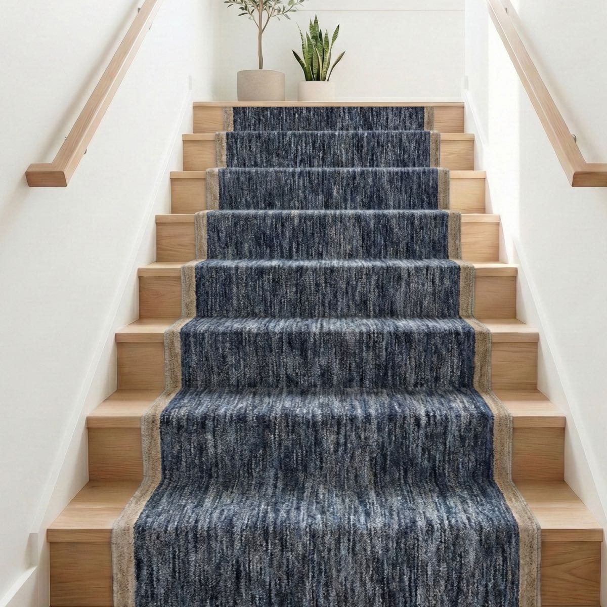 COD-13 - Staircase with blue and brown patterned carpet and wooden steps, decorated with potted plants.