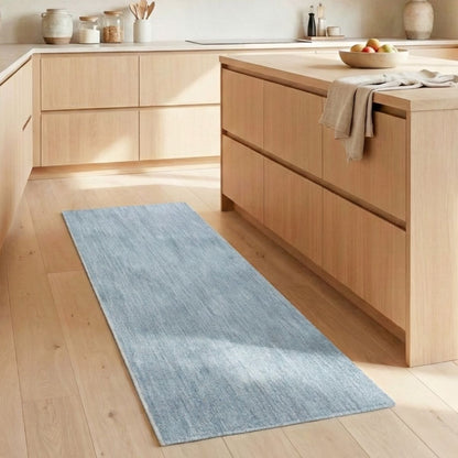 COD-17 - Long blue and beige runner rug on a wooden floor in a Japandi style kitchen setting