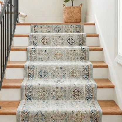COD-21 - Staircase with a multicolor, patterned washable rug running up the steps, with a woven basket on the landing.
