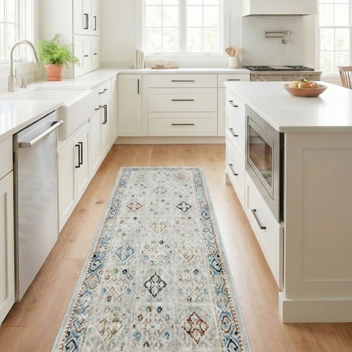 COD-21 - Decorative washable runner rug on a wooden floor in a modern kitchen with white cabinets and appliances.