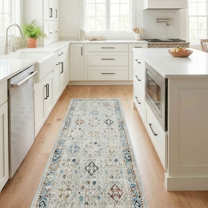 COD-21 - Decorative washable runner rug on a wooden floor in a modern kitchen with white cabinets and appliances.