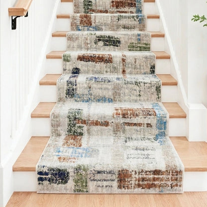 COD-51 - Washable stair runner with multicolor abstract pattern on wooden stairs