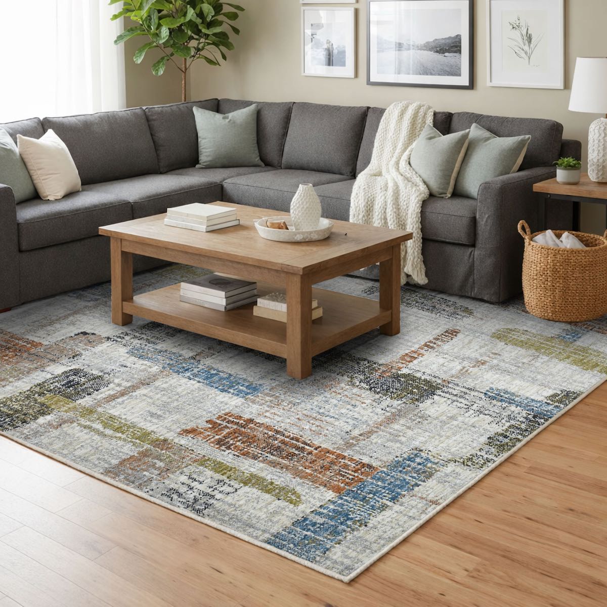 COD-51 Well Woven Fen Washable Rug - Living room with a gray sectional sofa, wooden coffee table, and a washable living room rug with a multicolor abstract pattern and soft pile.