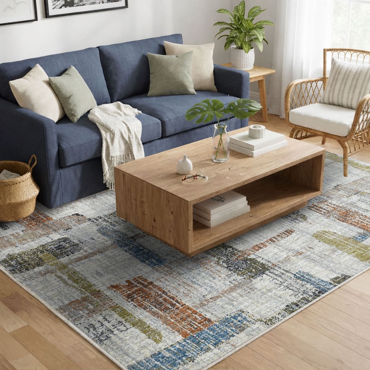 COD-51 Well Woven Fen Washable Rug - Living room with a denim blue sofa, wooden coffee table, wicker accent chair, and a multicolor abstract patterned washable rug with pile.