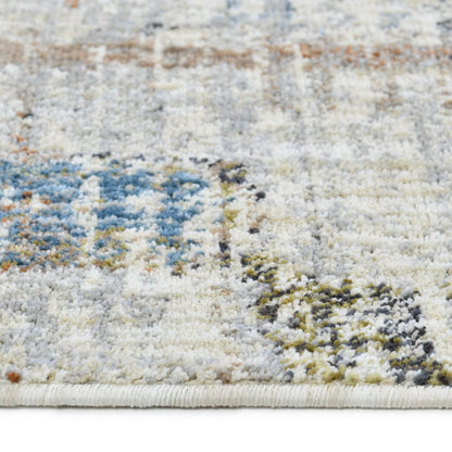 COD-51 Well Woven Fen Washable Rug: Close-up of a textured washable area rug with an abstract pattern in neutral colors, blue, red, green and charcoal