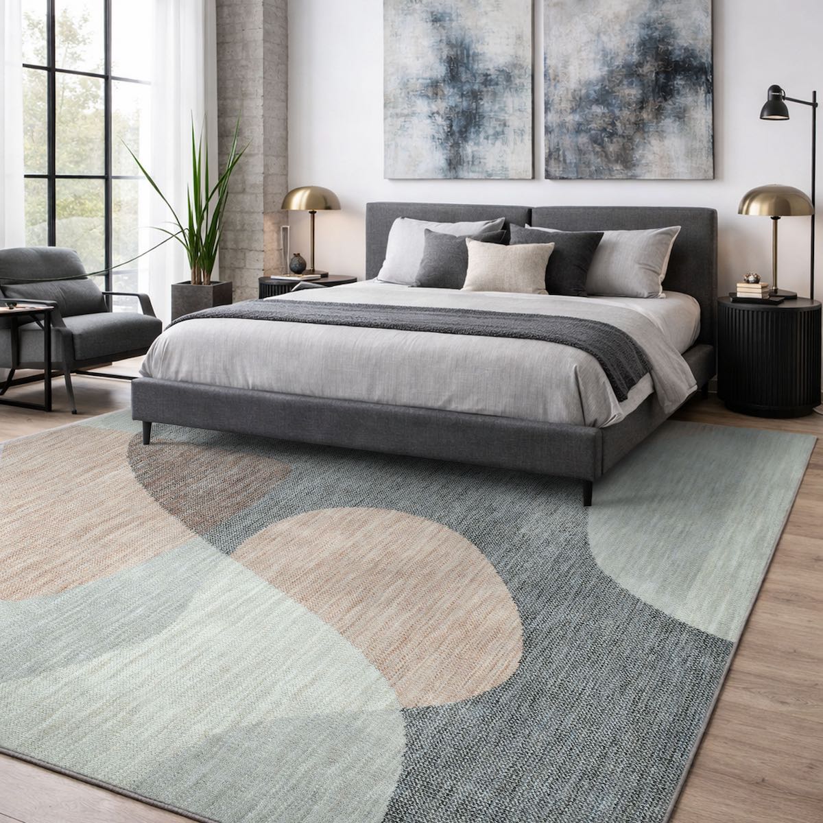 COD-60 Well Woven Holt Washable Rug - Modern bedroom with a gray bed, abstract art, and an abstract gray and peach washable rug 