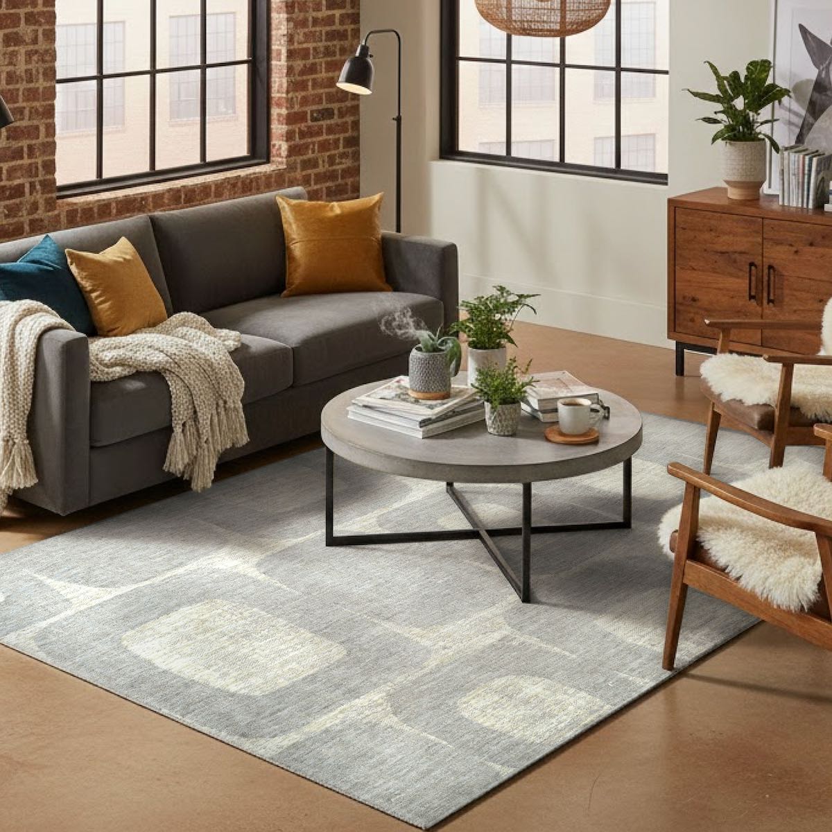COD-72 Well Woven Wold Washable Rug - Modern living room with a gray sectional sofa, round coffee table, and wooden sideboard. A small abstract grey geometric washable rug anchors the room.