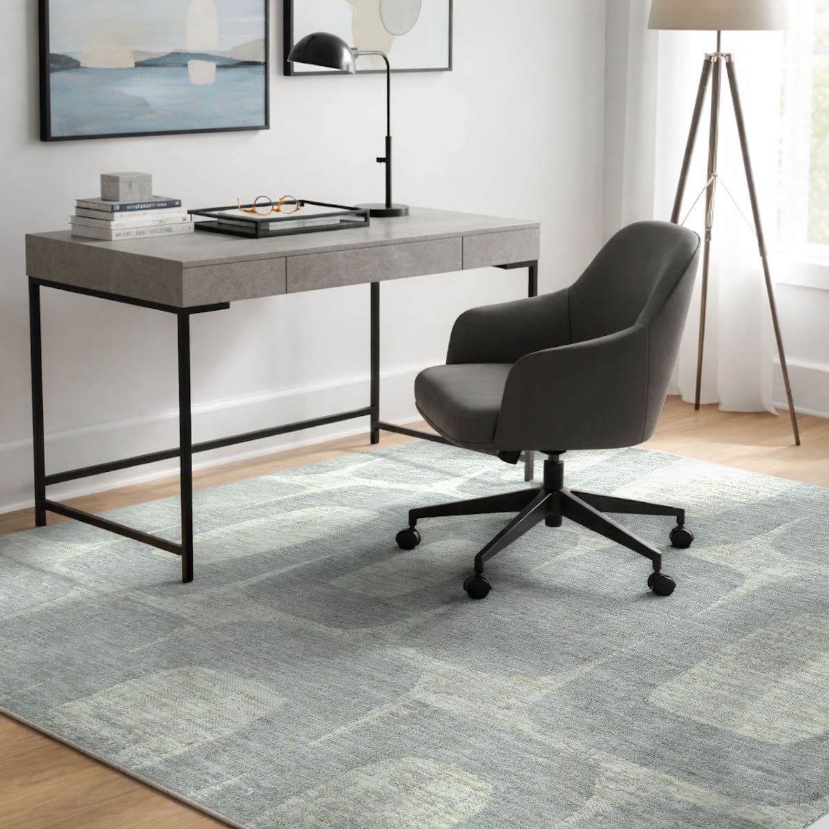 COD-72 Well Woven Wold Washable Rug - Modern office desk with a chair on a grey and ivory geometric patterned washable office rug, framed artwork on the wall.