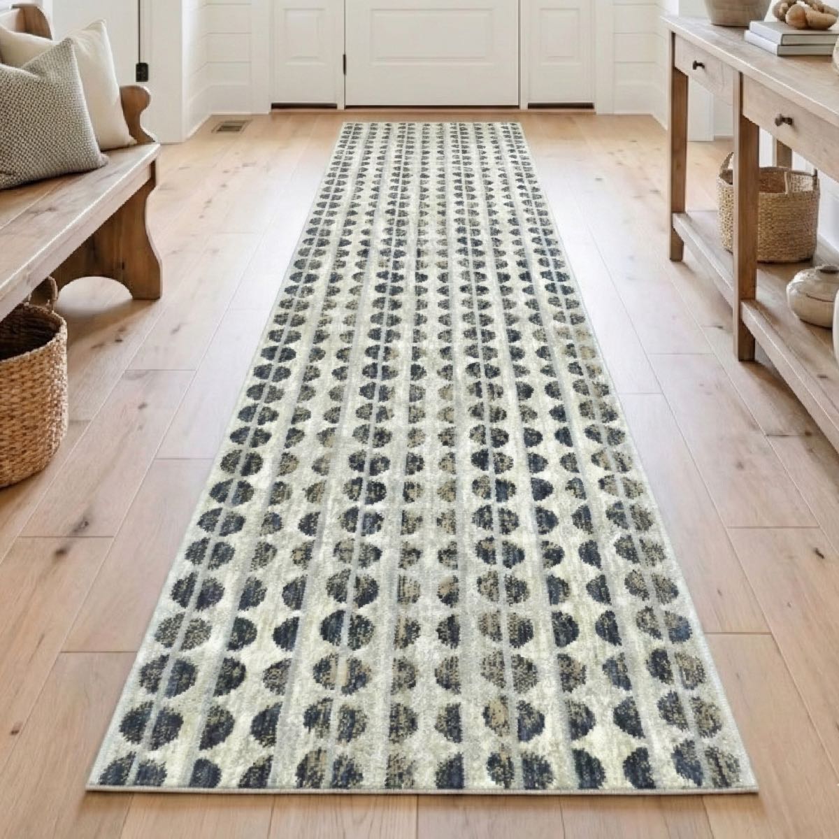COD-81 - Long geometric patterned runner rug on a wooden floor in a farmhouse entryway with furniture.