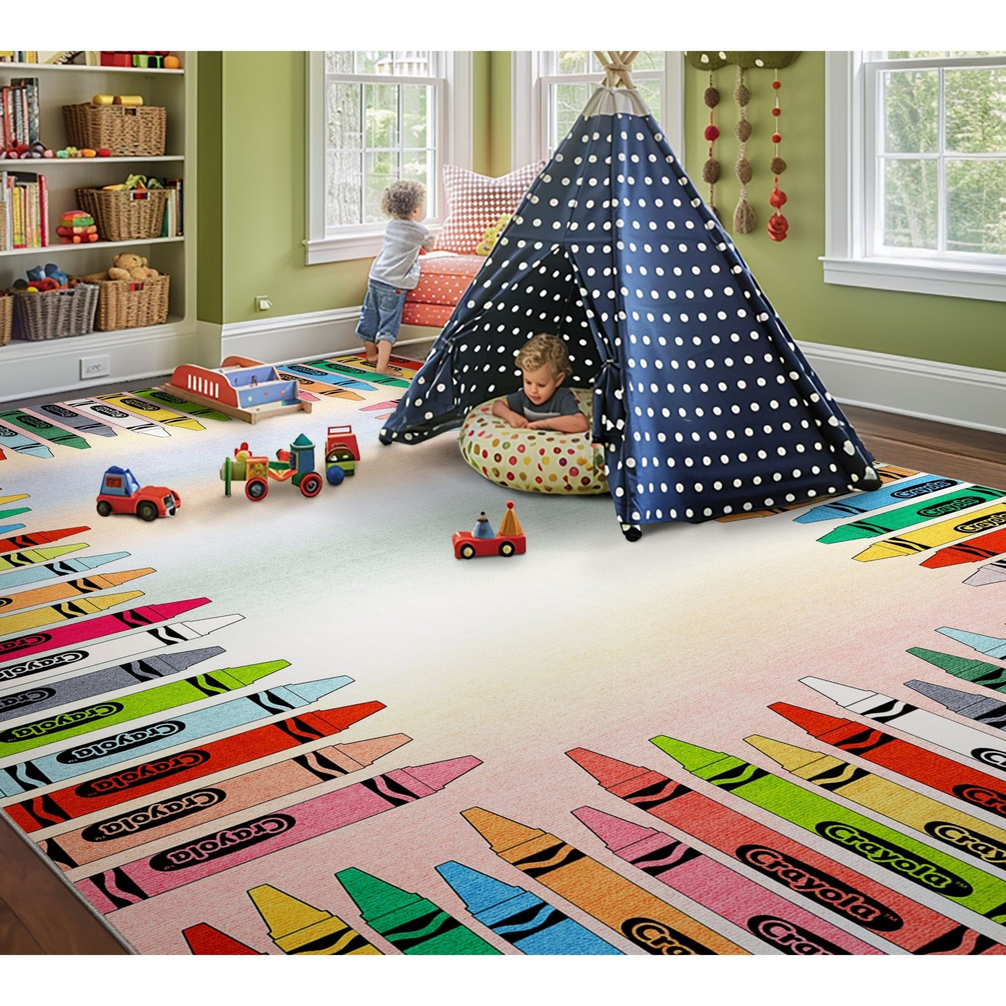 Crayola Modern Crayon Parade Playroom 5' x 7' Multi Color Area Rug By Well Woven Well Woven