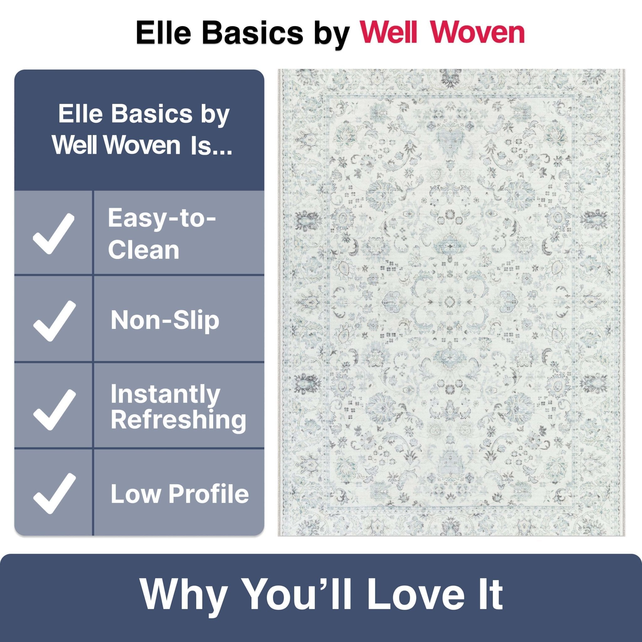 Elle Basics Silk Vintage Oriental Ivory Easy-Clean Washable Non-Slip Rug by Well Woven Well Woven