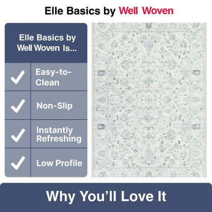 Elle Basics Silk Vintage Oriental Ivory Easy-Clean Washable Non-Slip Rug by Well Woven Well Woven