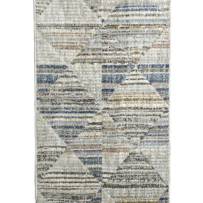 ELM-11-R Textured runner rug rug with a grey, blue and cream geometric and striped pattern on a white background