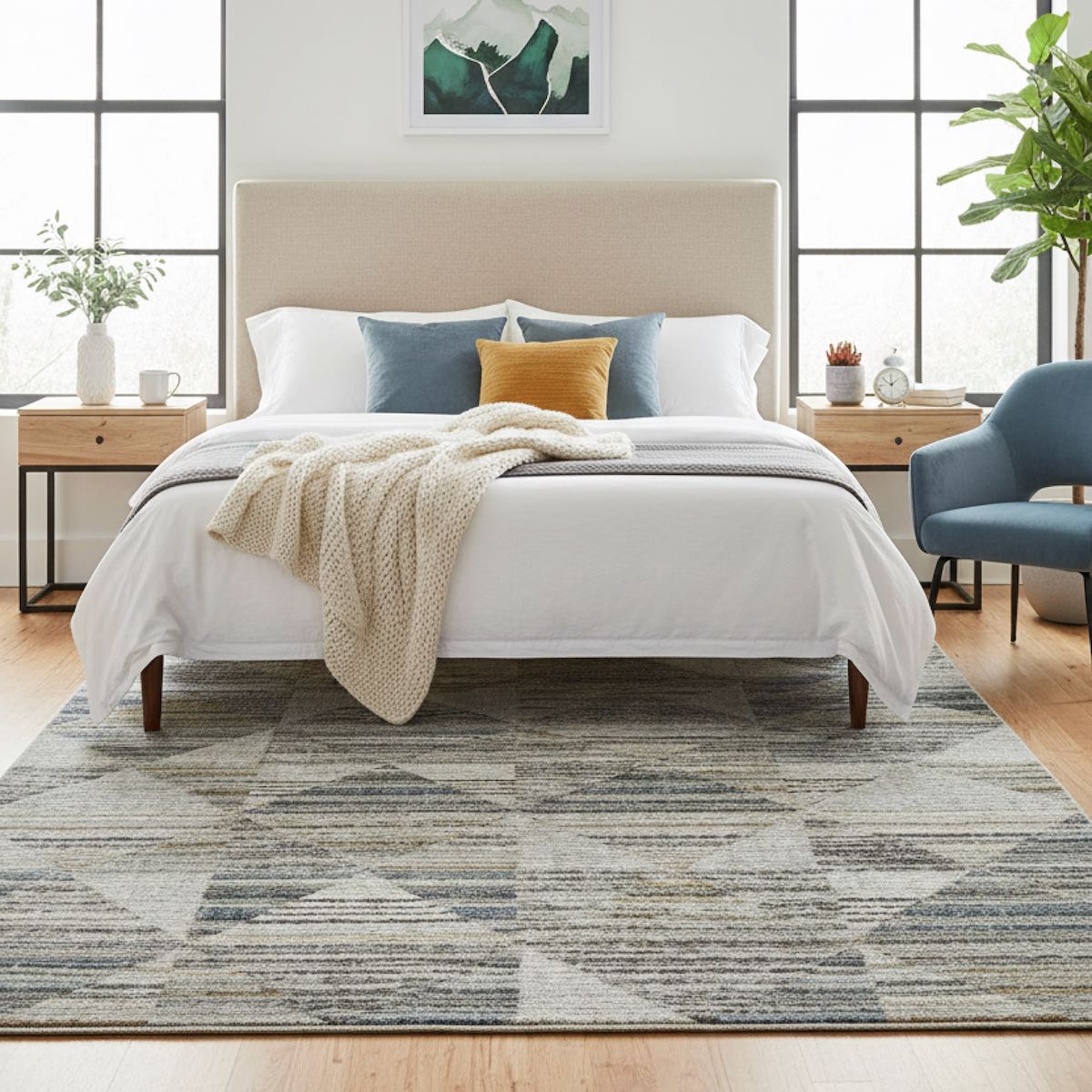 ELM-11 Well Woven Knoll Washable Area Rug: Neatly made bed with decorative pillows on a patterned washable rug in a modern bedroom.