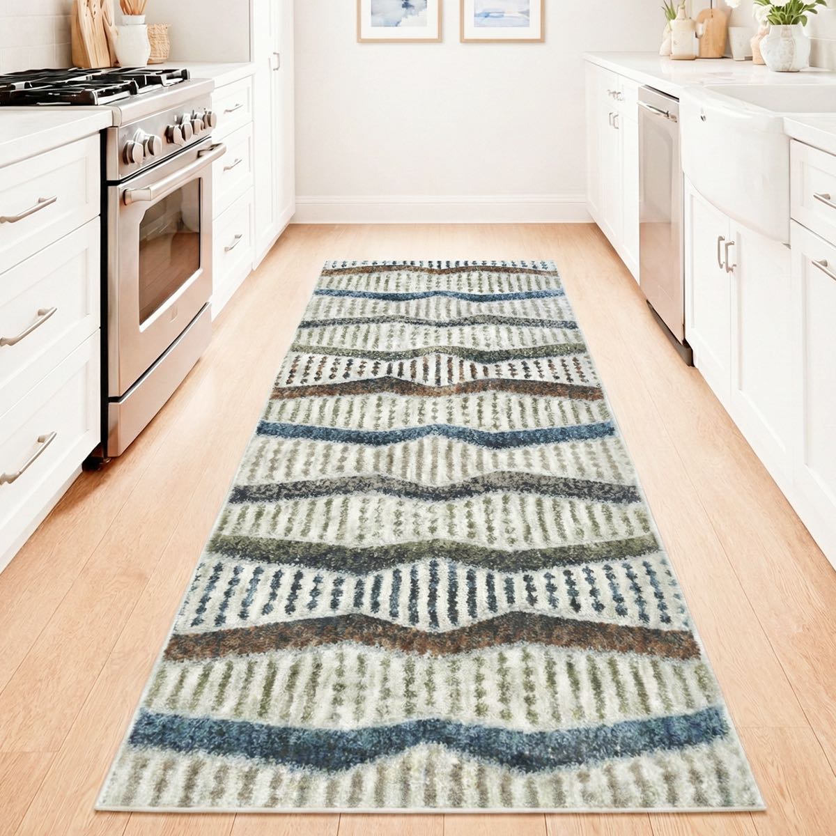 ELM-21 - Patterned washable runner rug on a wooden floor in a kitchen