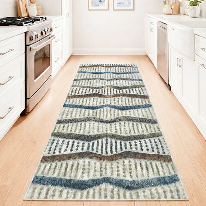 ELM-21 - Patterned washable runner rug on a wooden floor in a kitchen