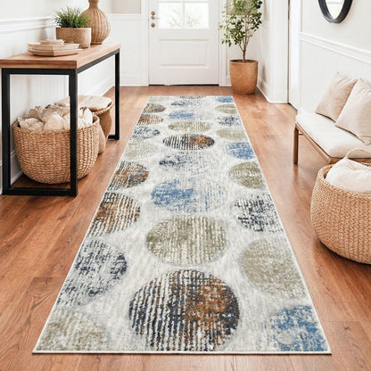 ELM-31 - Long washable runner rug on a wooden floor in a living room setting with furniture and decor.
