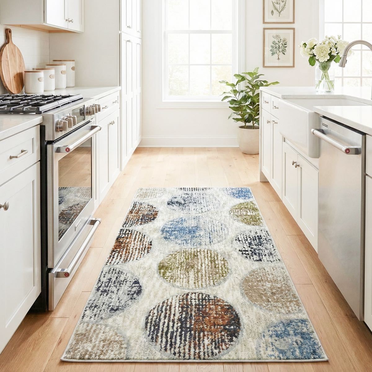 ELM-31 - Colorful patterned runner rug on a wooden floor in a kitchen.