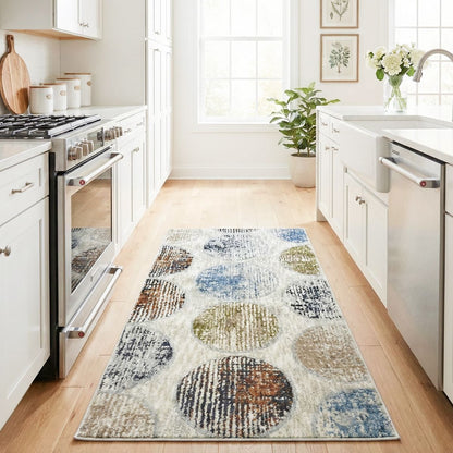 ELM-31 - Colorful patterned runner rug on a wooden floor in a kitchen.