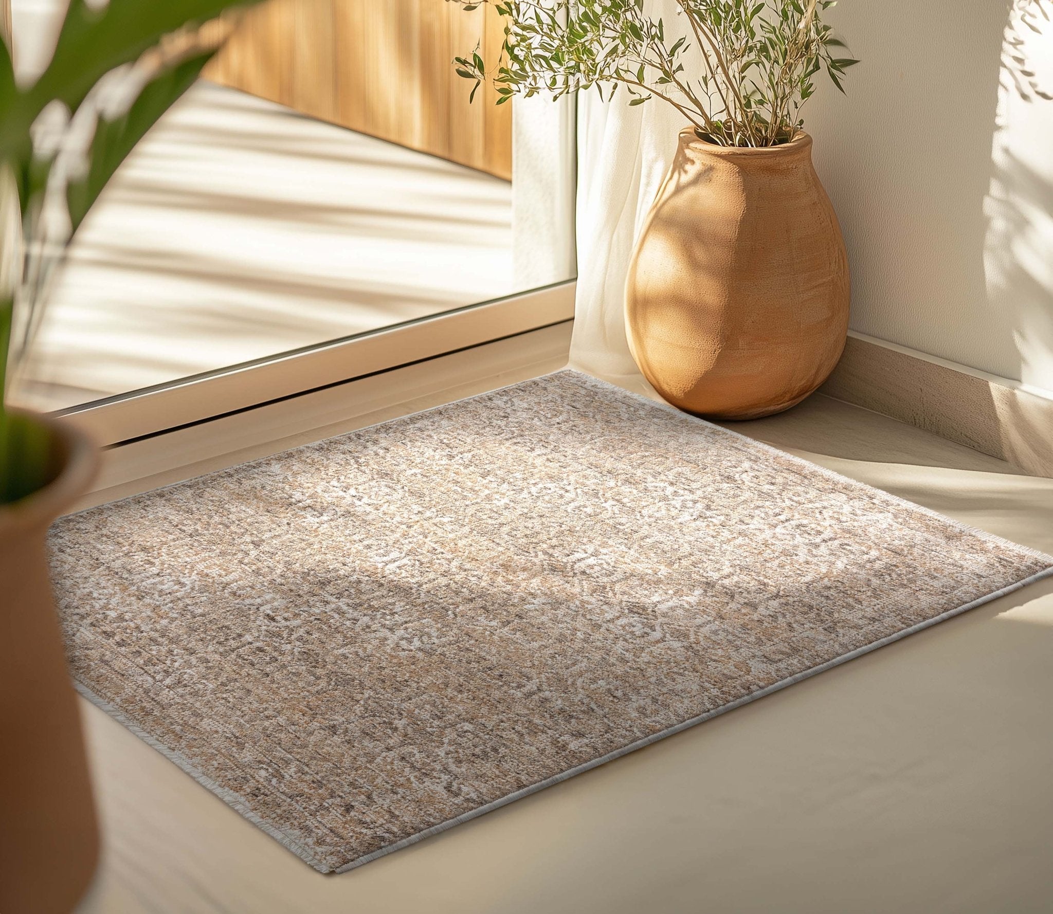 Ethos Echo Beige Floral Warm Earth Tone - Easy to Clean - Globally Inspired Patterns Well Woven