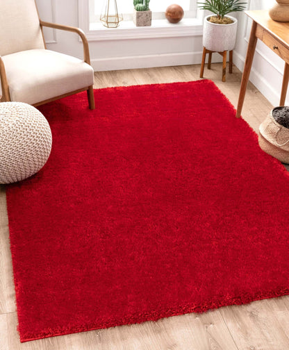 Feather Collection Liza Red Shag Rug –   Sparkly, Plush, Minimalist Glam - Well Woven - Plain red rug in a living room