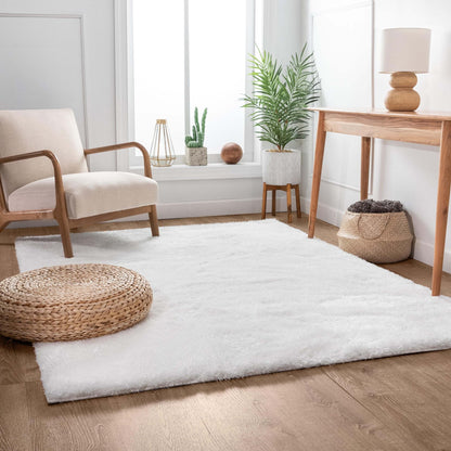 Feather Collection Liza  White Shag Rug –   Sparkly, Plush, Minimalist Glam - Well Woven - solid white shag rug in a living room