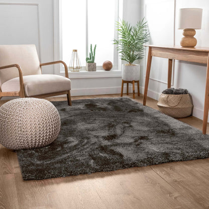 Feather Collection Liza Black Shag Rug –   Sparkly, Plush, Minimalist Glam - Well Woven - black shag rug in a bohemian living area