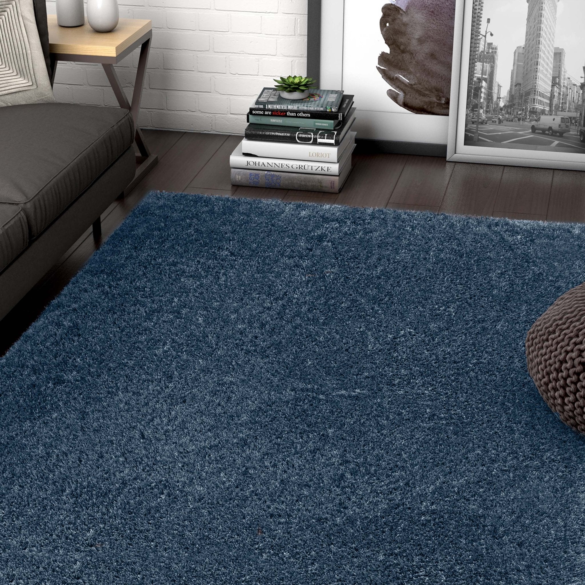 Feather Collection Liza Dark Blue Shag Rug –   Sparkly, Plush, Minimalist Glam - Well Woven - Modern Living Room