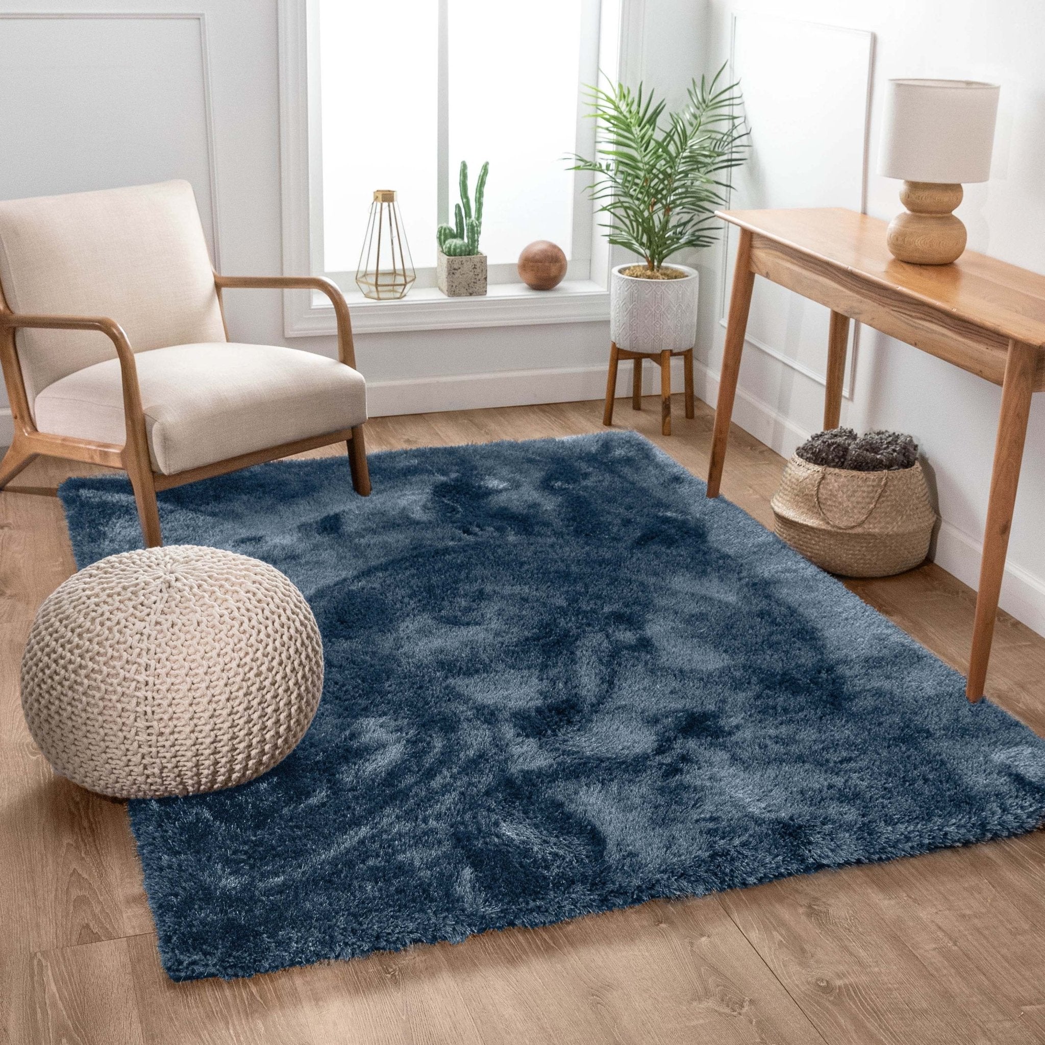 Feather Collection Liza Dark Blue Shag Rug –   Sparkly, Plush, Minimalist Glam - Well Woven - Living Room