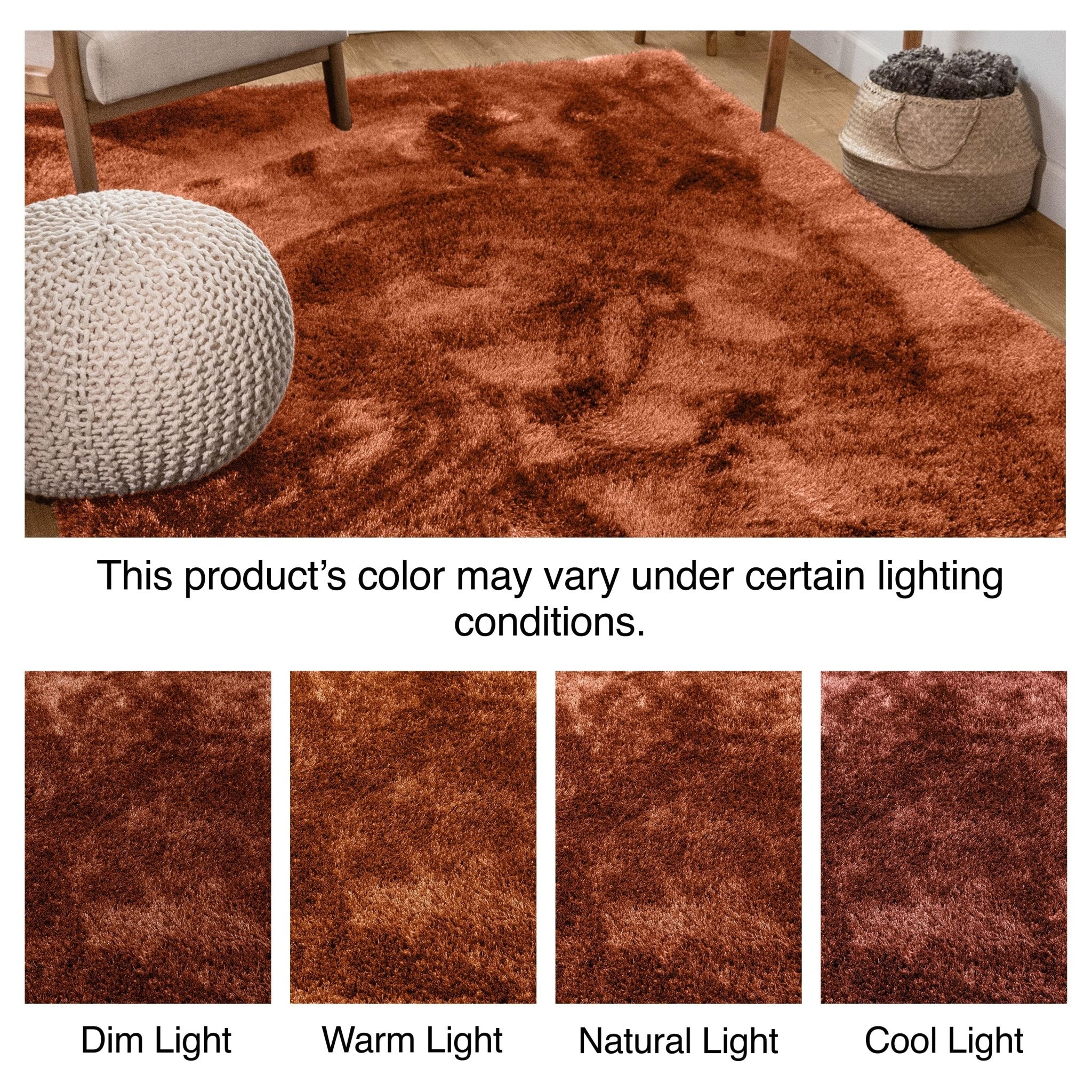 The Feather Collection Liza Terracotta Shag Rug under different lighting conditions