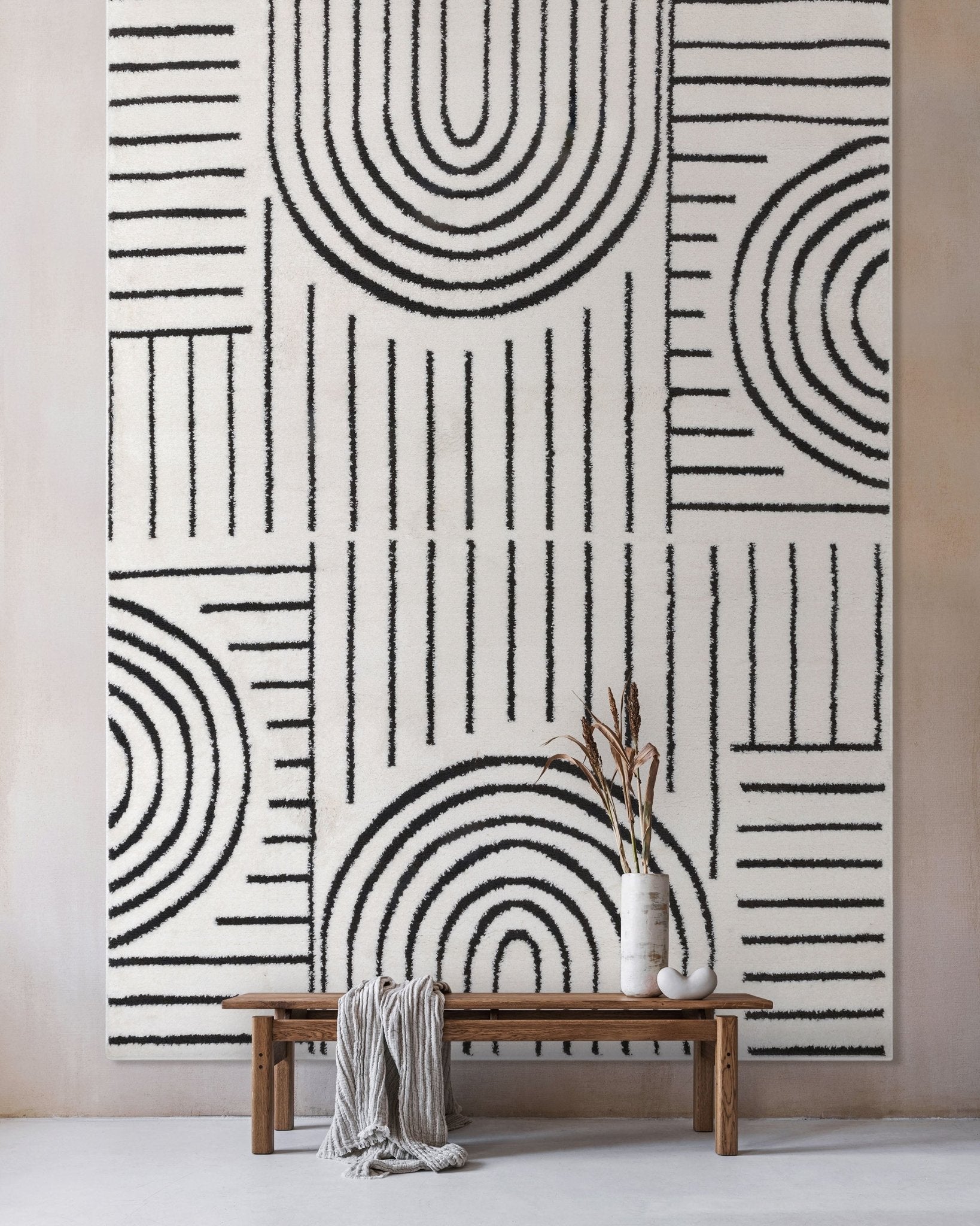 Rainbow Shag Geometric Ivory Black High-Low Rug Well Woven