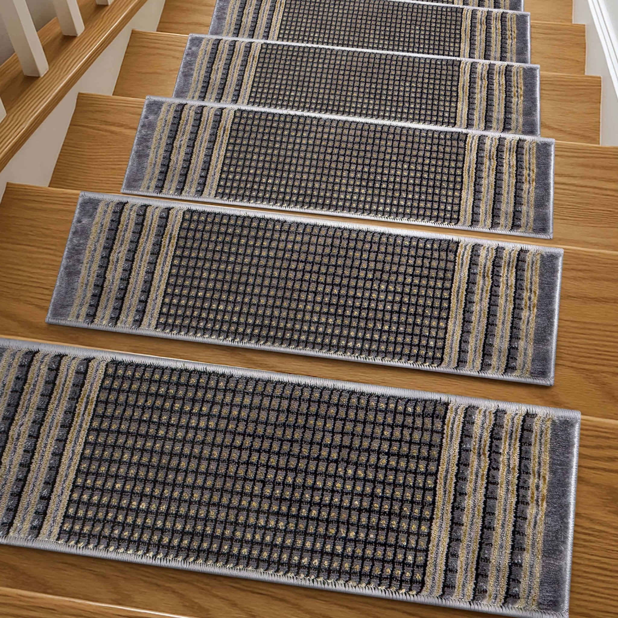 Waylon Grey Stair Tread Rugs - Well Woven - Waylon Grey Stair Tread Rugs on wooden steps